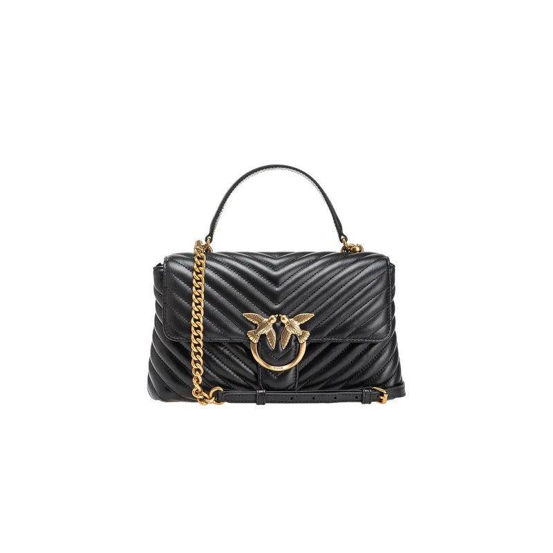 Pinko black leather bag with quilted design gold-tone chain strap and distinctive bird clasp magnet closure