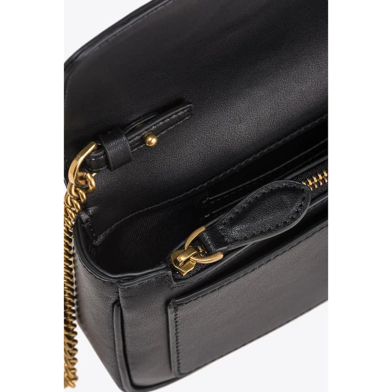 Pinko black leather shoulder bag with gold-tone chain strap and zipper hardware featuring an interior pocket