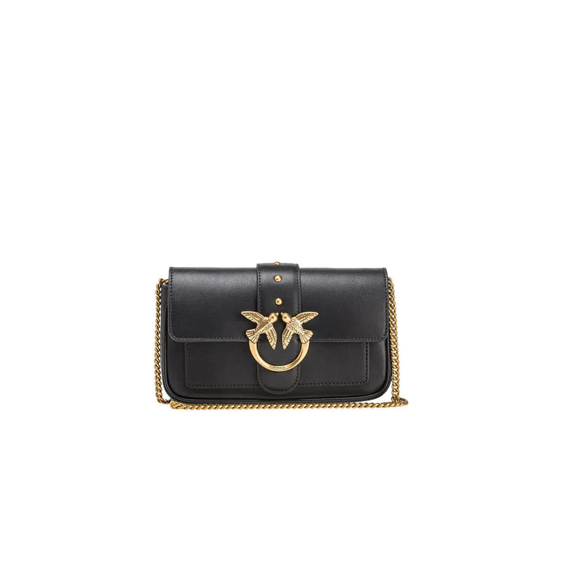 Pinko black leather shoulder bag with gold-tone chain strap and bird-shaped clasp featuring interior pocket