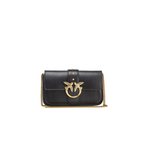 Pinko black leather shoulder bag with gold-tone chain strap and bird-shaped clasp featuring interior pocket
