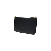 Pinko black leather clutch bag with gold-tone zipper hardware and inside pockets for organized storage