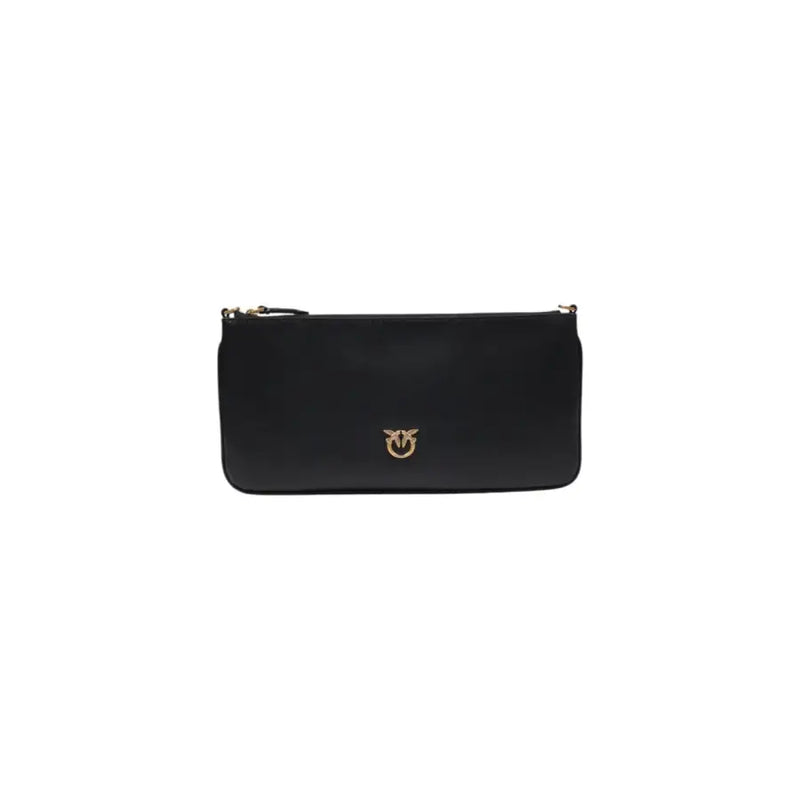 Pinko black leather clutch with gold-tone bird logo and zipper closure featuring inside pockets for organization