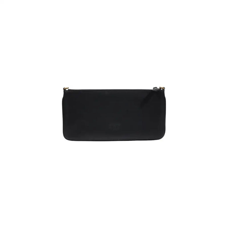 Pinko black leather rectangular clutch with sleek minimalist design and gold-tone zipper hardware and inside pockets