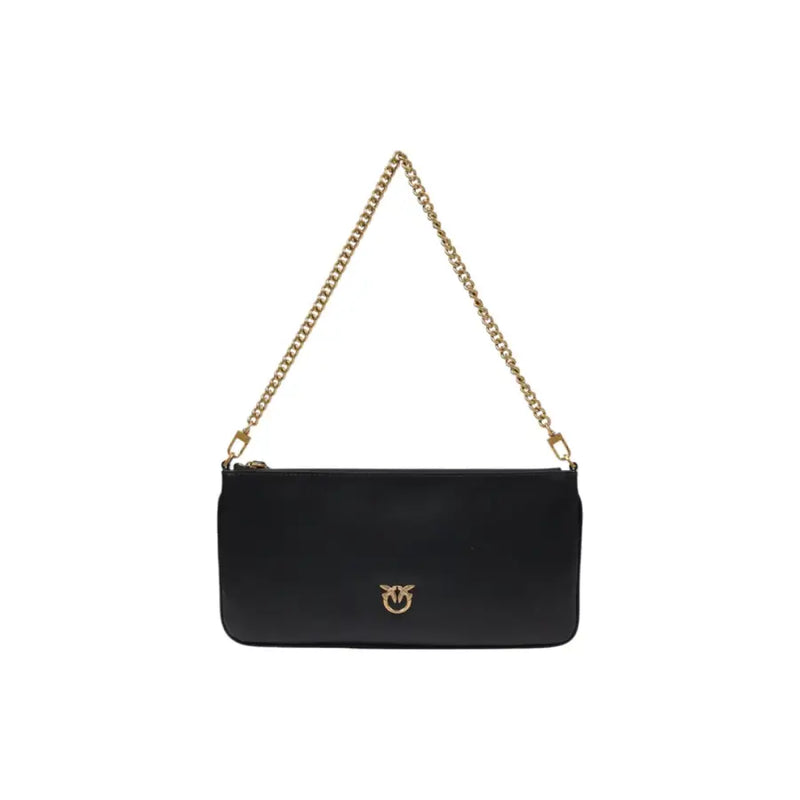 Pinko black leather crossbody bag with gold-tone chain strap and small elegant logo emblem with inside pockets