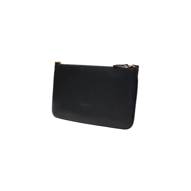 Pinko black leather clutch bag with gold-tone zipper hardware and inside pockets for organized storage