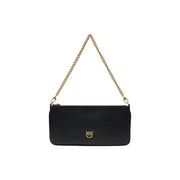 Pinko black leather crossbody bag with gold-tone chain strap and small elegant logo emblem with inside pockets