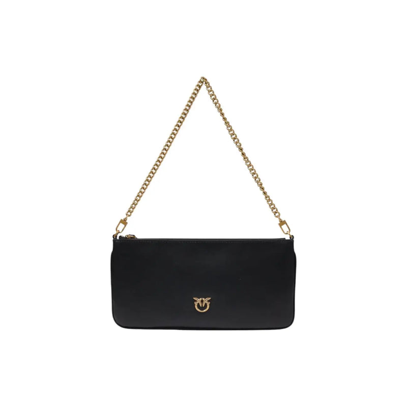 Pinko black leather crossbody bag with gold-tone chain strap and small elegant logo emblem with inside pockets