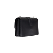 Black leather Pinko satchel with minimalist design silver-toned hardware and interior pockets for organized storage