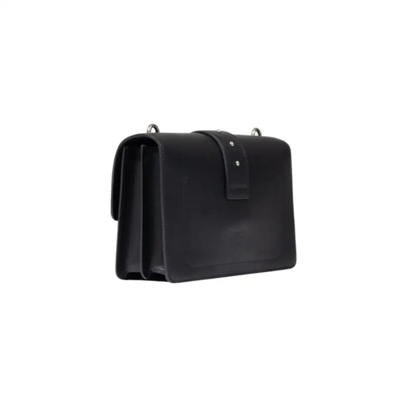 Black leather Pinko satchel with minimalist design silver-toned hardware and interior pockets for organized storage