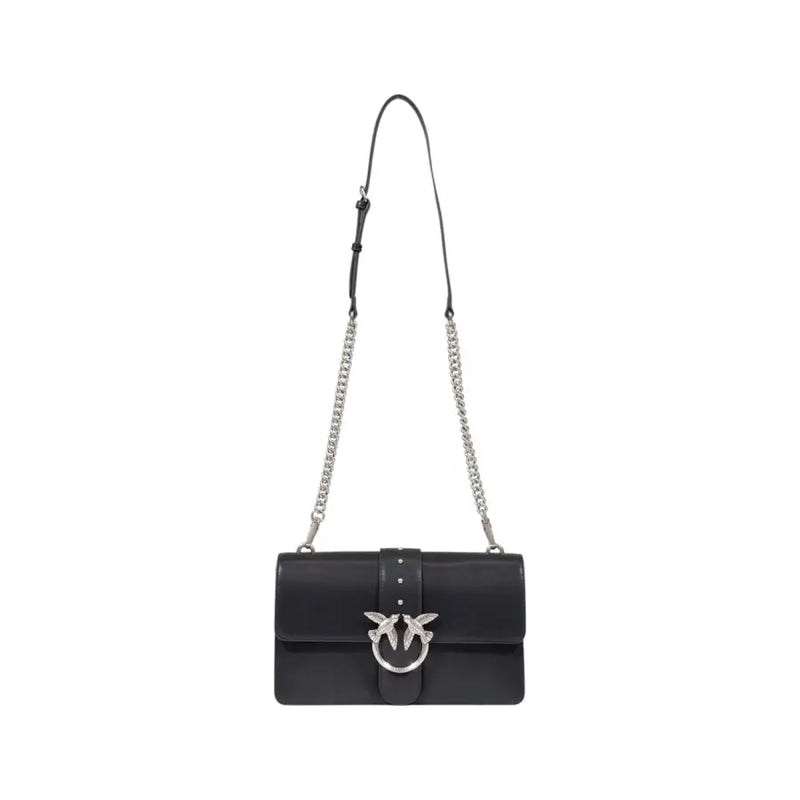 Pinko black polyurethane shoulder bag with black leather crossbody design and silver bird clasp with chain strap