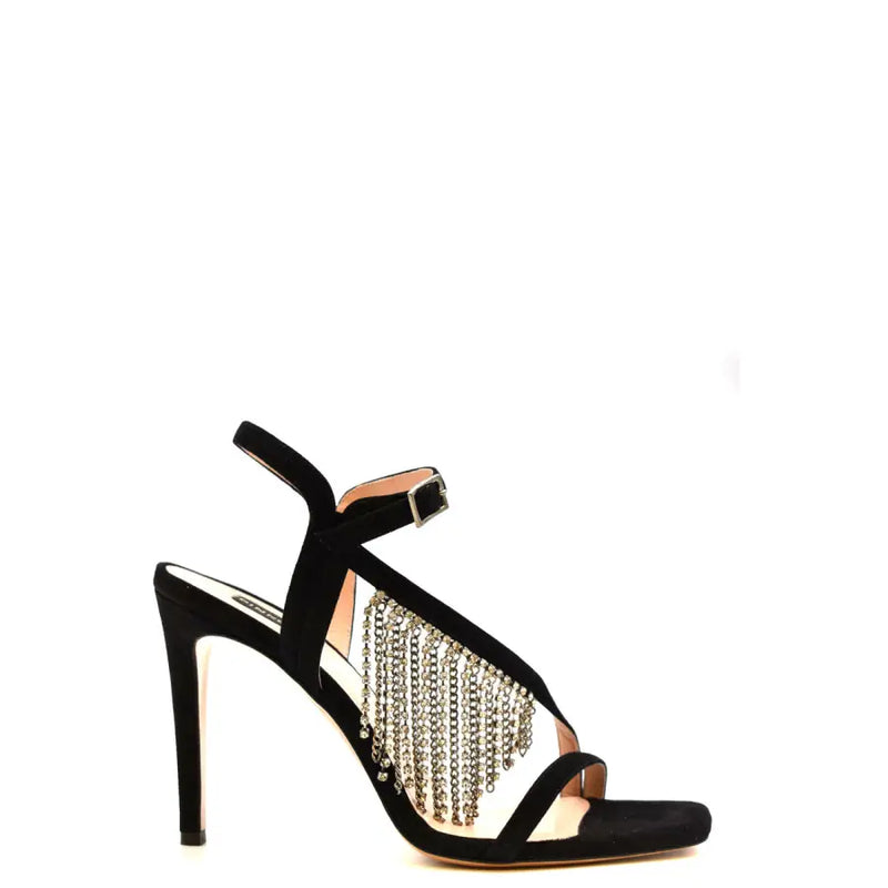 Pinko black suede stiletto sandals with silver crystal fringe, buckle and bow