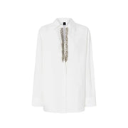 Pinko white cotton blouse with silver beaded tie and rhinestone buttons