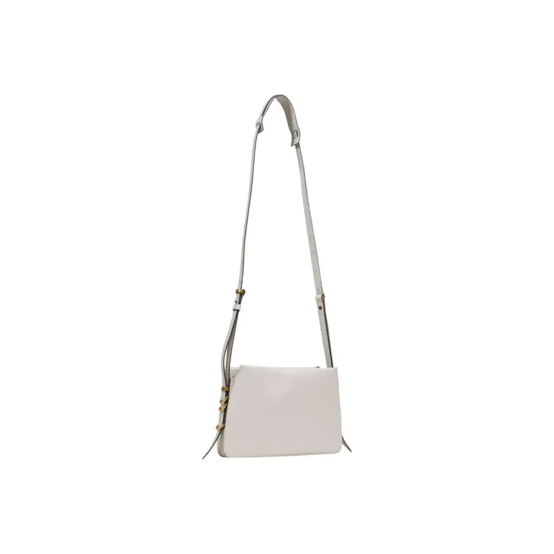 Pinko white shoulder bag in sleek off-white leather with zip closure, interior pocket, and adjustable crossbody strap