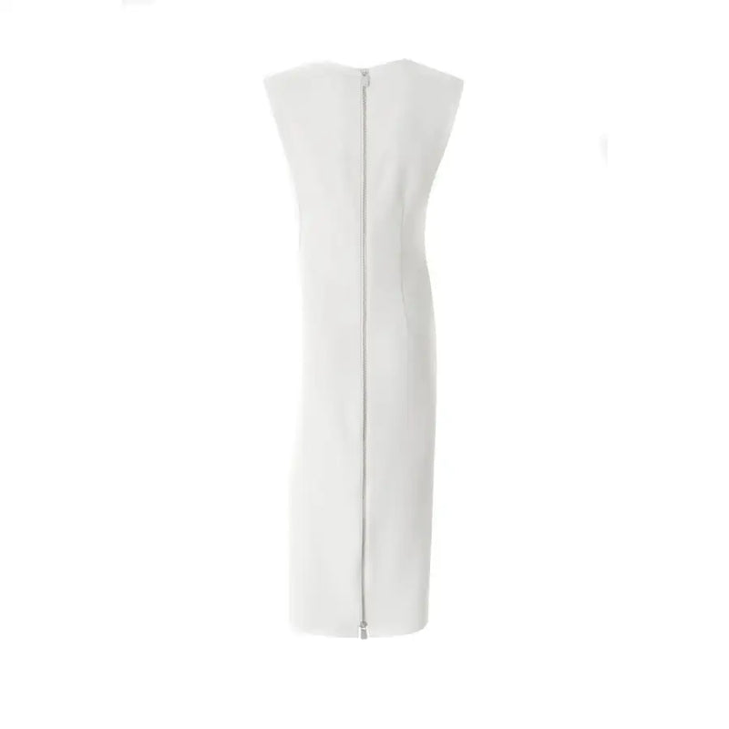White sleeveless midi dress with full-length back zipper for Fall Winter collection