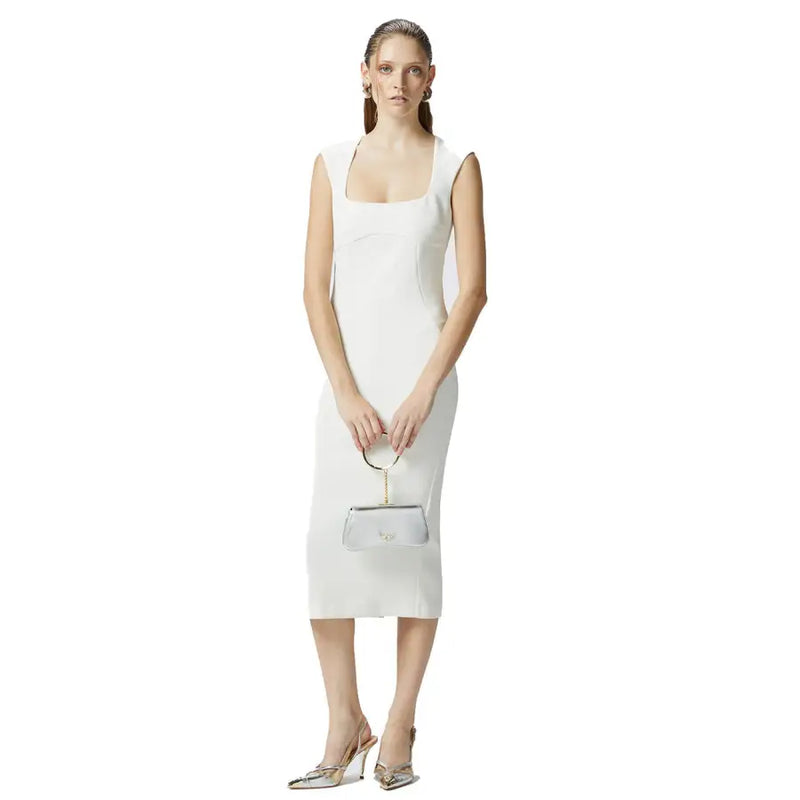 White sleeveless bodycon midi dress with square neckline for fall winter fashion