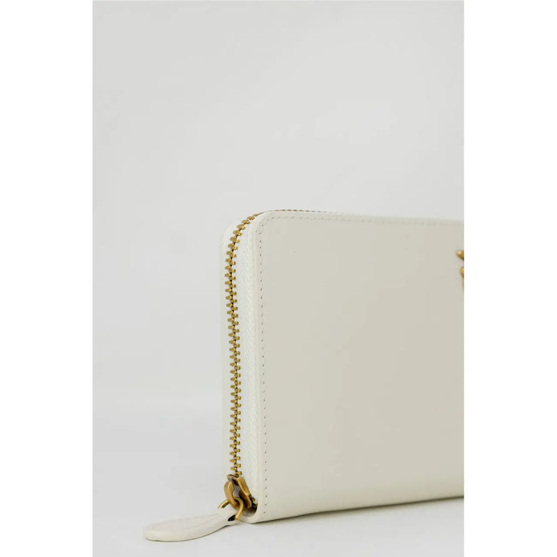Pinko Portefeuille femme en cuir beige zippé, avec fermeture éclair dorée et tirette assortie.