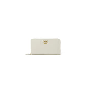 Pinko Portefeuille femme en cuir beige zippé avec fermoir en forme d'oiseau couleur crème et doré