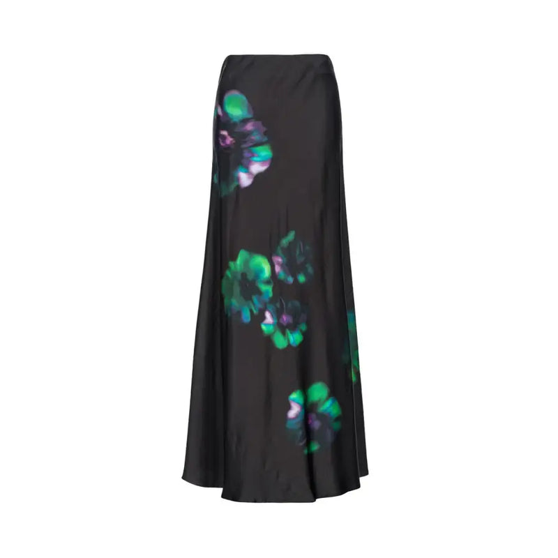 Pinko Jupe longue en satin noir à imprimés floraux vert et violet éclatants et fermeture éclair