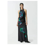 Pinko women black floral skirt with zip featuring black satin halter-neck maxi dress with vibrant teal and purple floral prints