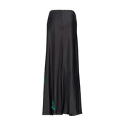Pinko Jupe longue en satin noir avec broderie florale verte sur la couture latérale