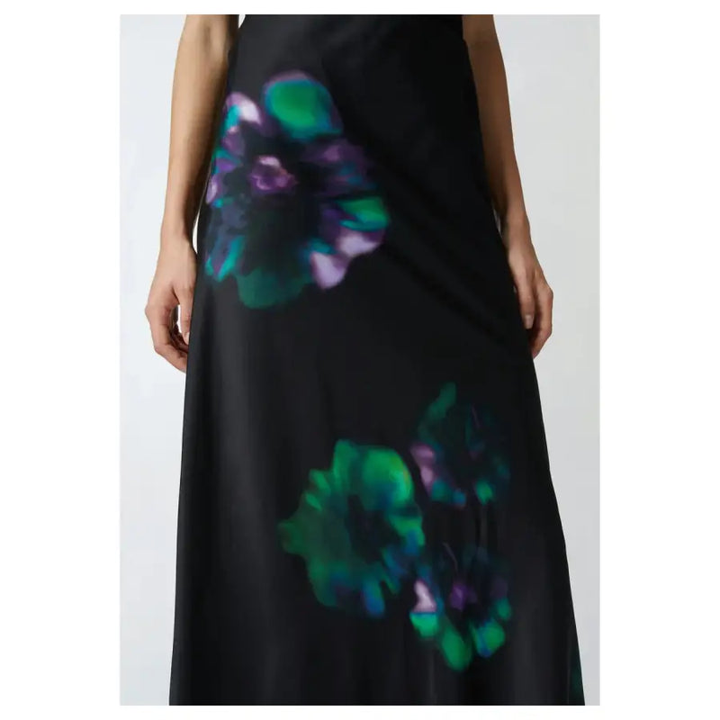 Pinko Jupe longue noire en satin avec fermeture éclair et imprimés floraux vert émeraude et violet