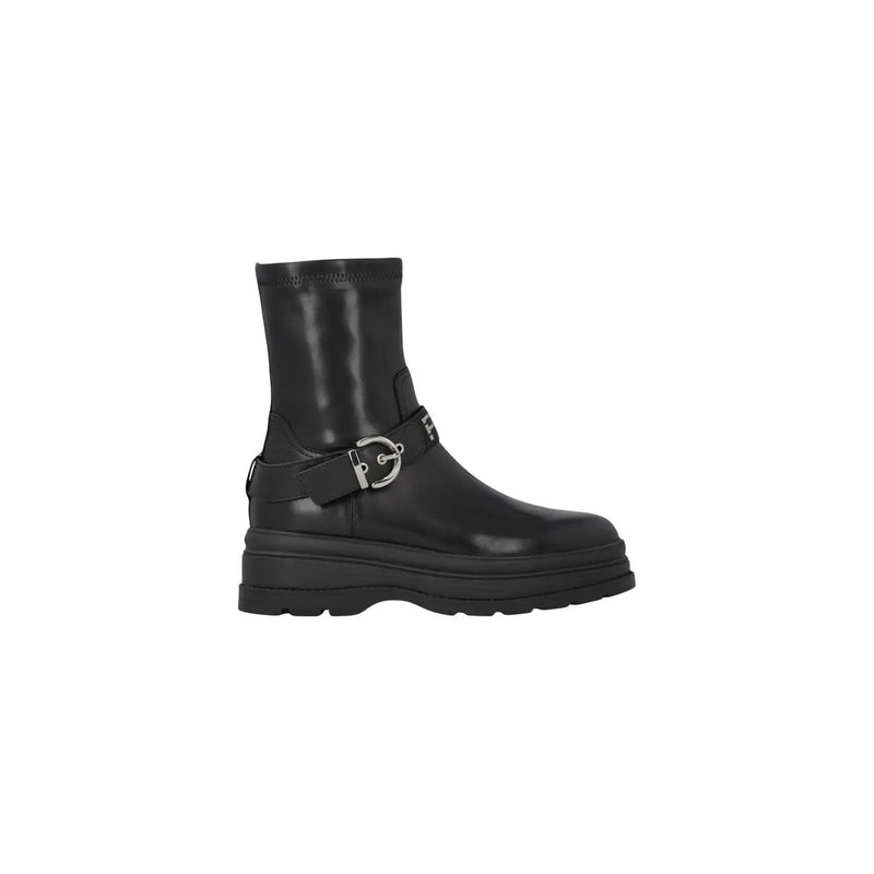 Pinko women black leather ankle boots with silver-toned buckle and chunky sole for stylish everyday wear
