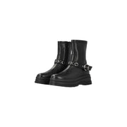 Pinko women black leather ankle boots with silver buckle straps and chunky soles for stylish slip-on wear