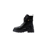 Pinko black leather ankle combat boots with chunky sole, zip, and gold buckle