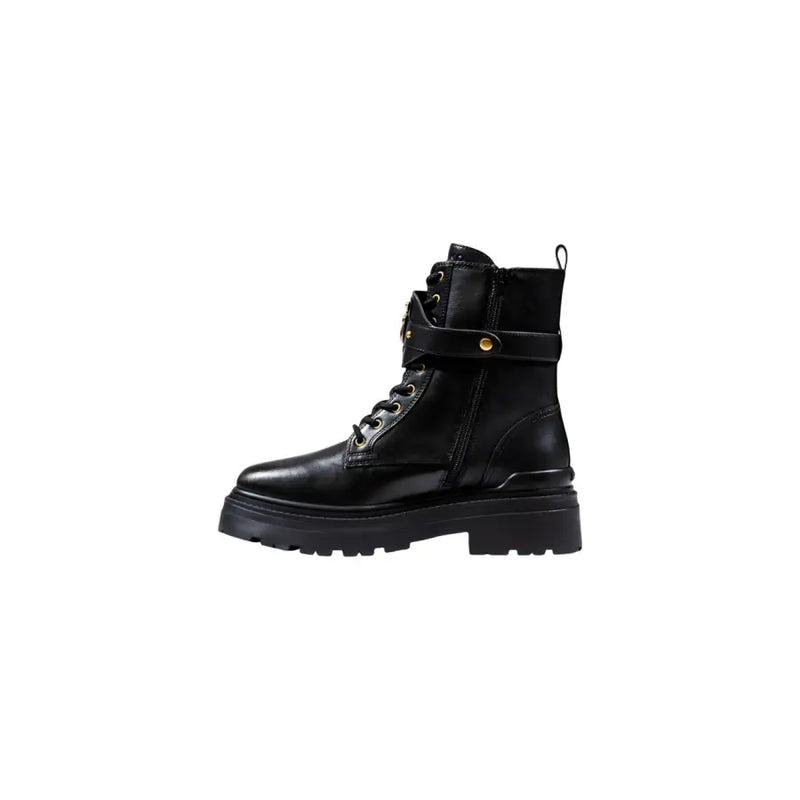 Pinko black leather ankle combat boots with chunky sole, zip, and gold buckle