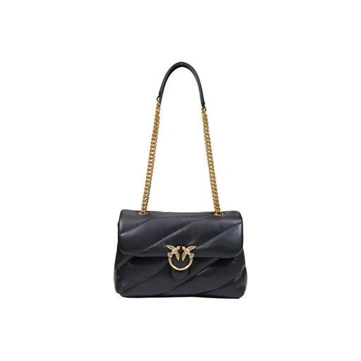 Pinko Sac à main en cuir noir matelassé pour femme, petit modèle avec bandoulière chaîne dorée et fermoir oiseau.