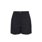 Black tailored high-waisted wool blend shorts with single button closure for women