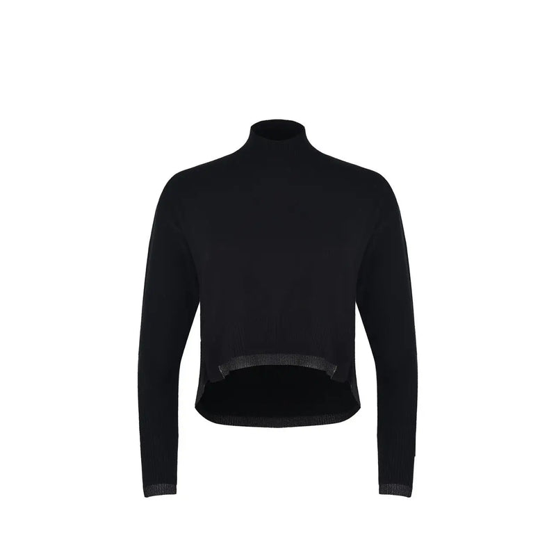 Pinko Pull court à col roulé en laine noire pour femme, manches longues et ourlet légèrement texturé.