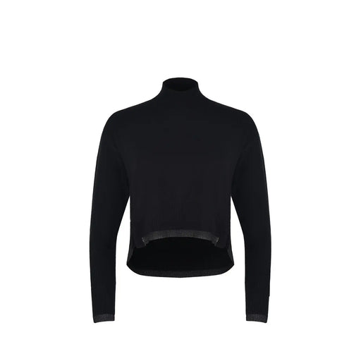 Pinko Pull court à col roulé en laine noire pour femme, manches longues et ourlet légèrement texturé.