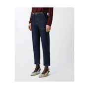 Pinko Jean en coton bleu pour femme, denim stretch, taille haute bleu foncé, jambes droites et coutures apparentes.