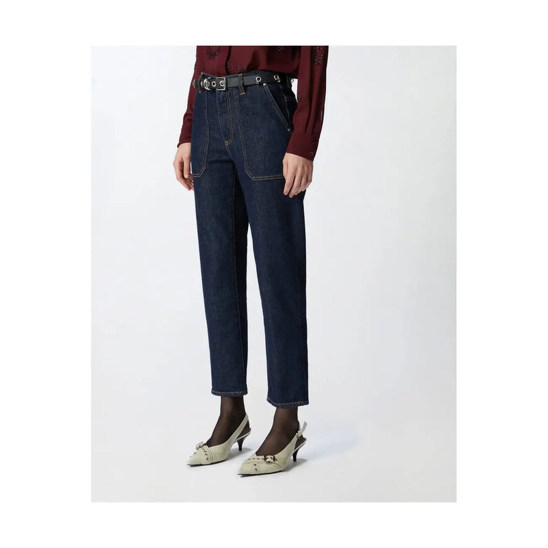 Pinko Jean en coton bleu pour femme, denim stretch, taille haute bleu foncé, jambes droites et coutures apparentes.