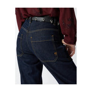 verso de pinko Jean en denim stretch bleu foncé pour femme, avec surpiqûres jaunes et logo doré sur la poche
