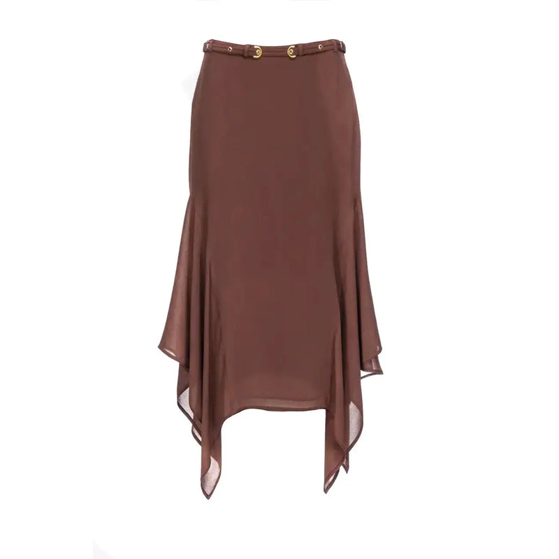 Pinko women brown polyester midi skirt with flowing silk texture asymmetrical hemline and gold-toned circular buckle belt