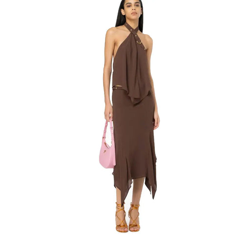 Pinko Robe dos nu en polyester marron pour femme, avec ourlet asymétrique drapé et fluide, idéale pour le printemps et l'été.