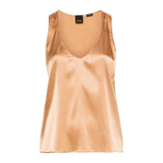 Pinko women brown V-neck tank top in sleek satin gold hue