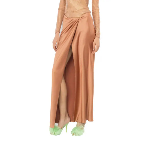 Pinko Women Brown Viscose Skirt for Spring Summer featuring a floor-length satin design with a high slit
