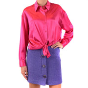 Vibrant pink satin button-up shirt tied at the waist pinko women fuchsia silk long sleeve classic shirt v_26080