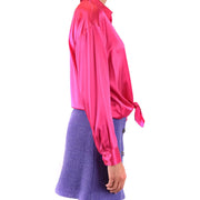 Pinko women fuchsia silk long sleeve classic shirt featuring vibrant satin fabric and a tied waist detail