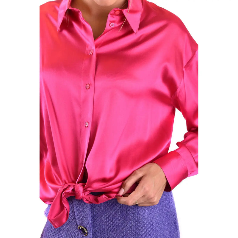 Pinko women fuchsia silk long sleeve classic shirt with vibrant satin fabric and knotted waistband detail