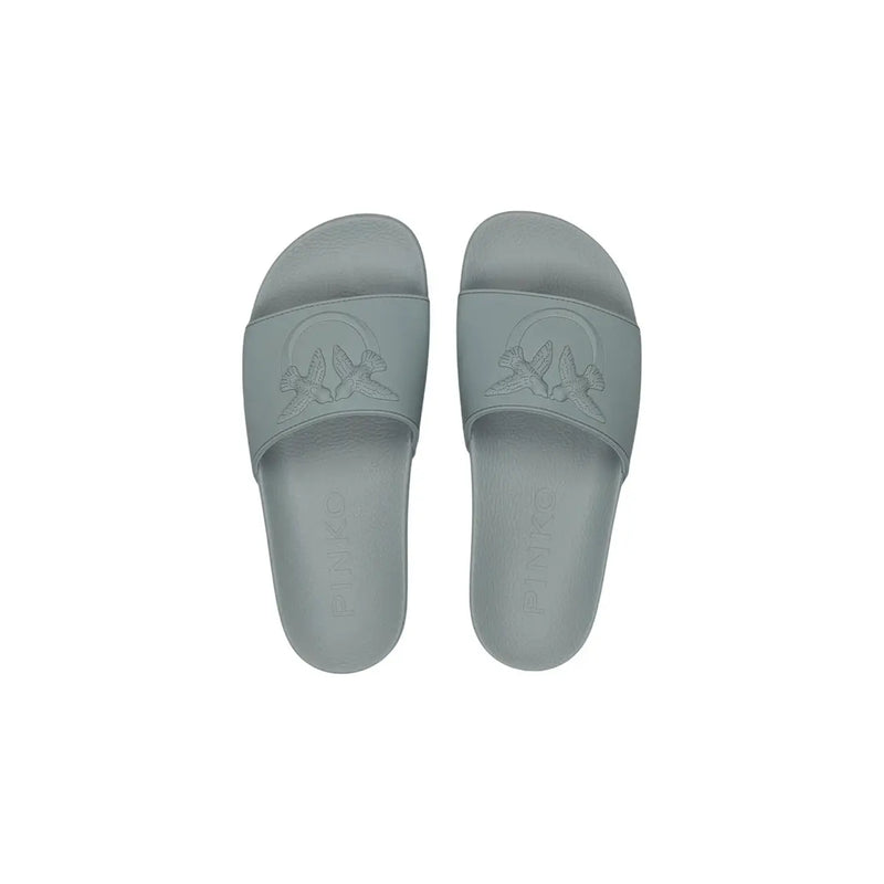Pinko women green PVC open toe slippers with light gray minimalist slide design and embossed bird footbed detail