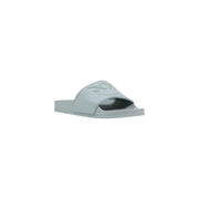 Pinko women green pvc open toe slippers featuring a light gray rubber slide sandal with embossed logo on the strap