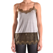 Pinko gray and gold lace-trimmed polyamide camisole tank top with mesh hem panel