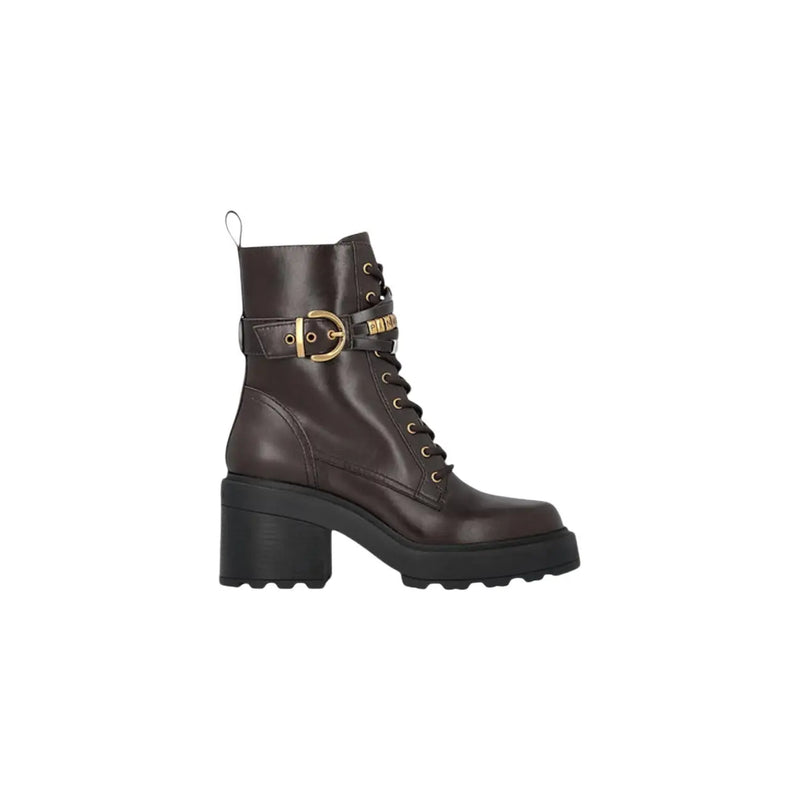 Pinko women leather ankle boots in dark brown with gold-tone buckle and black chunky heel