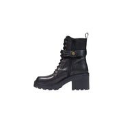 Pinko women leather ankle boots black leather combat boot with chunky block heel and lace-up front
