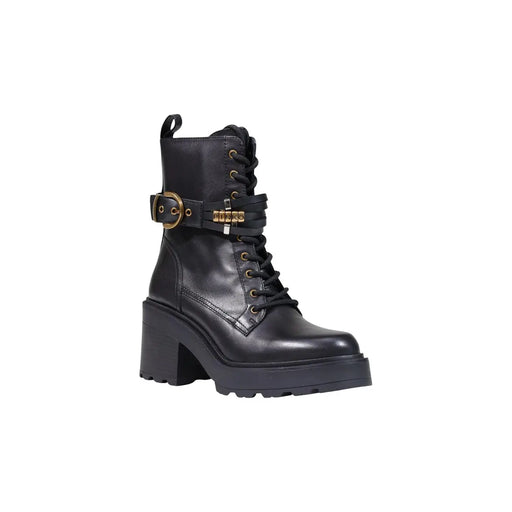 Pinko Bottines en cuir noir pour femme, avec lacets à boucle dorée et talon bloc épais.