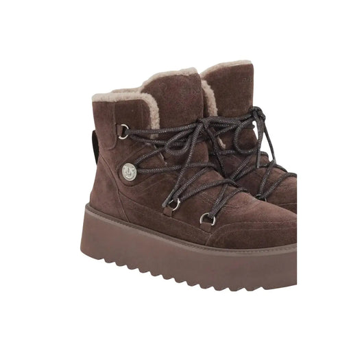 Pinko Bottines en cuir pour femmes, en daim marron, avec doublure en peau de mouton retournée et semelle compensée épaisse, idéales pour l'hiver.